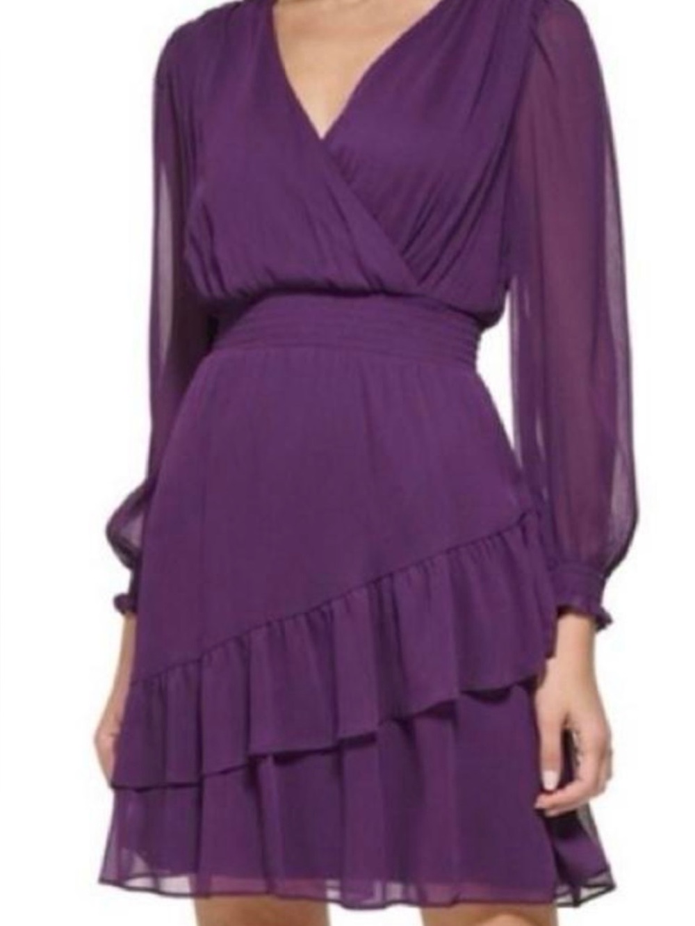 DKNY Elegant Purple V-Neck Ruffled Long-Sleeve Dress